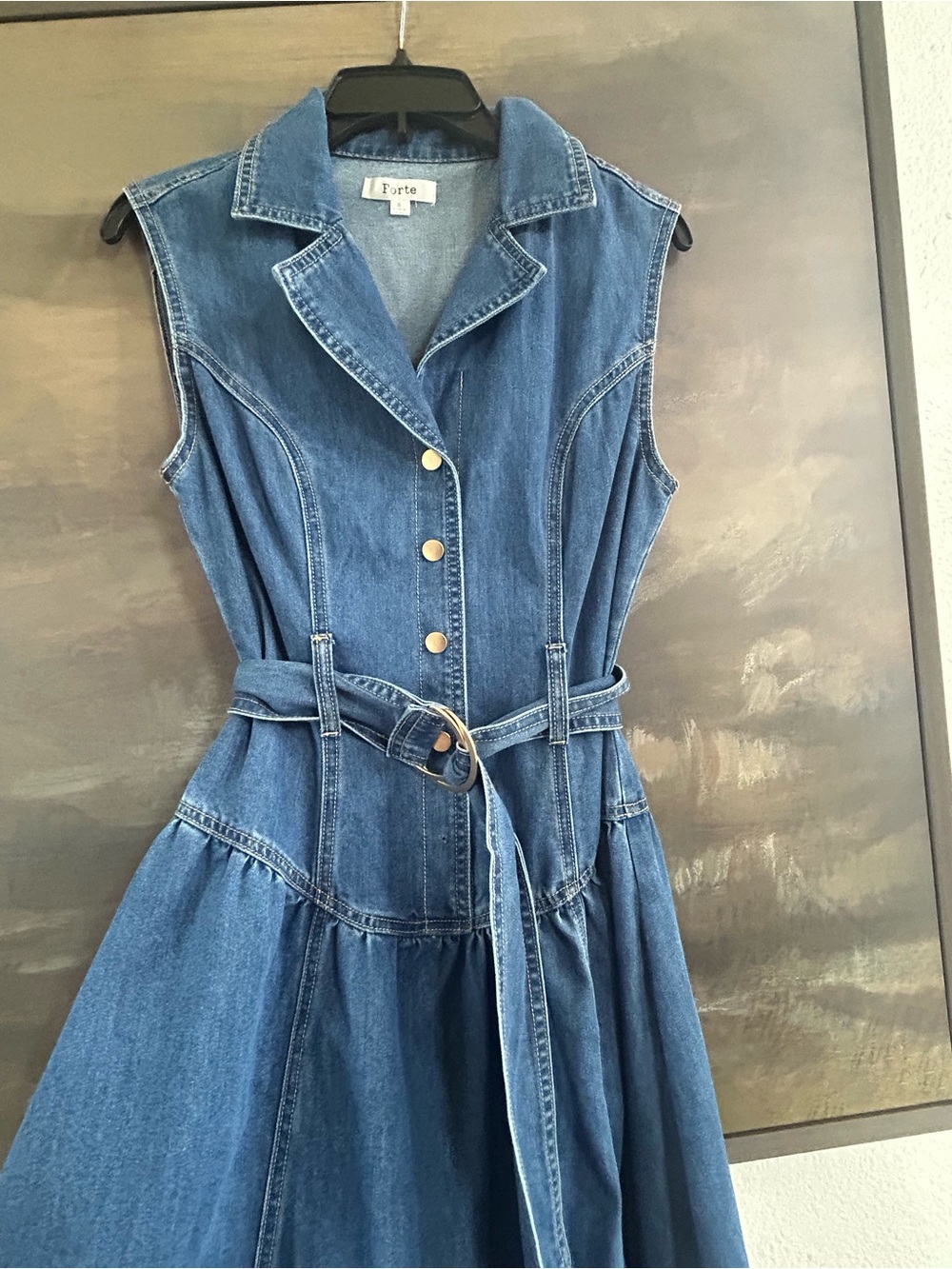 NWOT Boutique Dark Blue Denim Sleeveless Shirtwaist Dress with Belt - Picture 4 of 8